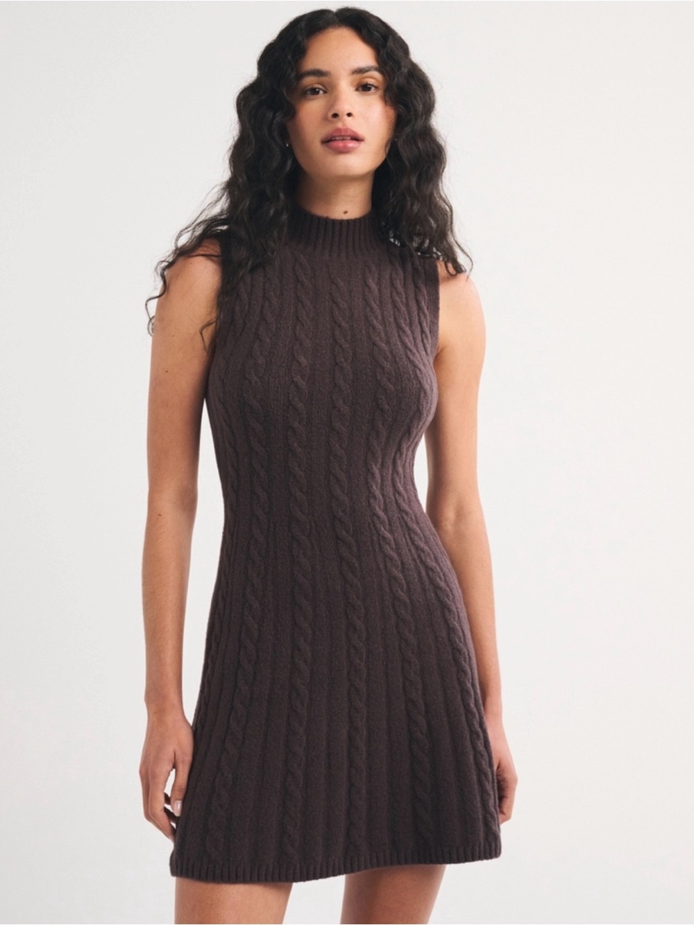 Abercombie Mock Neck Sleeveless Cable Knit Mini Dress - Chocolate Brown - Picture 1 of 4